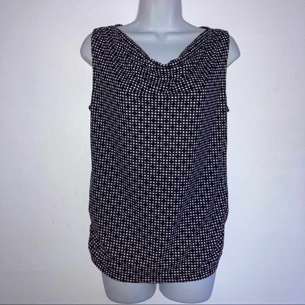 DKNY Drape Front Black White Polka Dot Sleeveless Top S